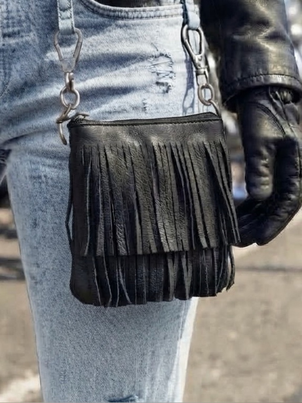 Black Leather Fringe Tiered Clip-On Hip Bag – Biker / Festival / Concert 6"x7"